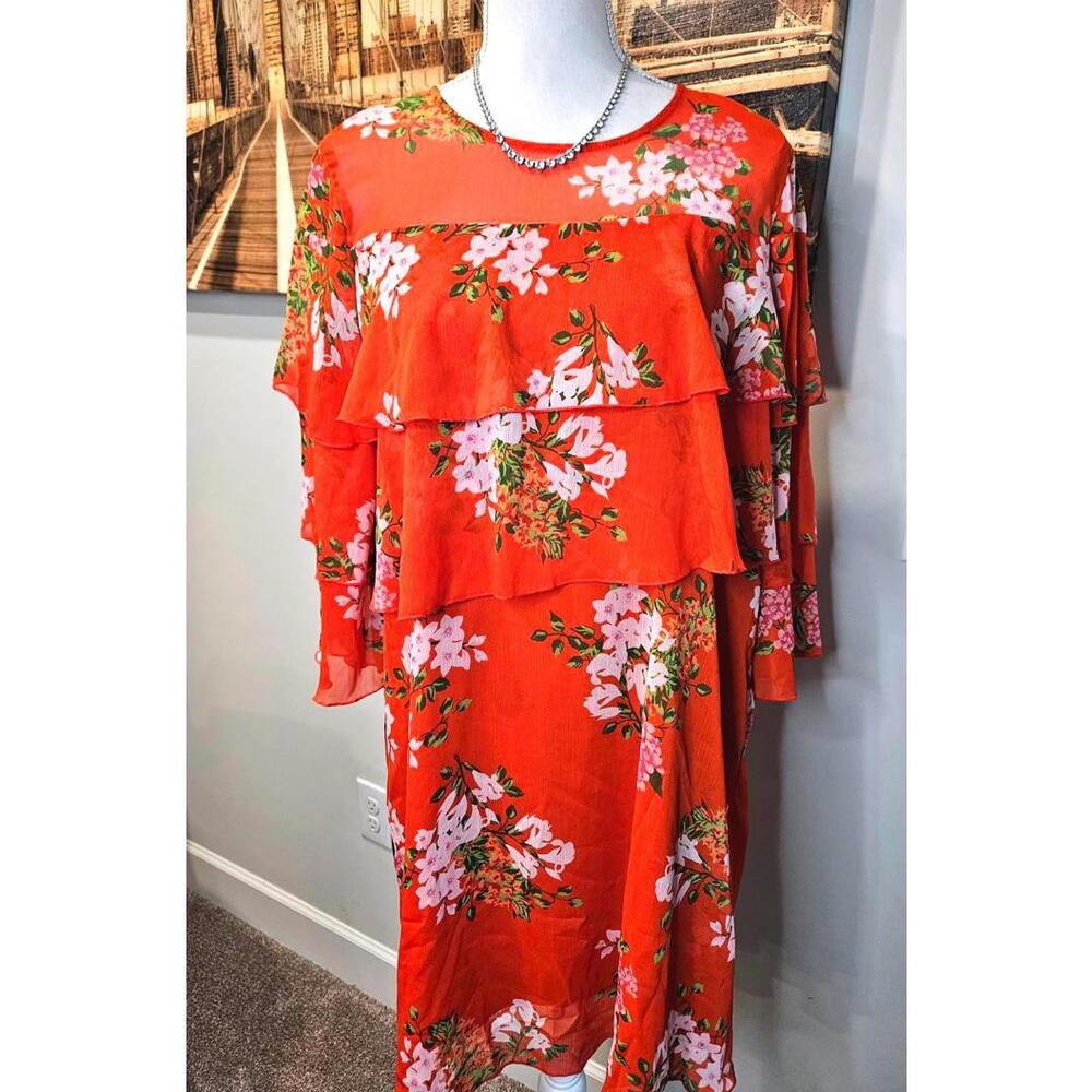 Who What Wear Red Cascading Floral Tiered Dress with Sheer Top Size M #H85 - Picture 1 of 8